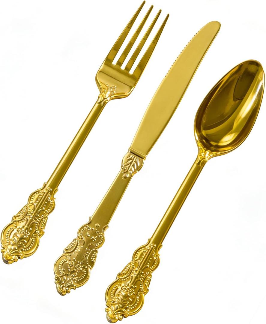 Goodluck 75 Pack Gold Plastic Silverware Set  Heavy Duty Disposable Cutlery, Includes 25 Forks, 25 Spoons, 25 Knives, Elegant Vintage Design for Weddings, Parties, Thanksgiving, and Daily Use