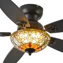 Yanokooe Tiffany Ceiling Fans with Lights - 48" Ceiling Fan Chandelier with 5 Dual-Blades and Glass Shade, 6 Speeds and Reversible, Indoor and Outdoor, Retro Style