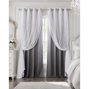 Grey Double Layer Blackout Curtains with White Sheer 84 Inches Long for Girls Room, Elegant Black Out Ombre Drapes for Bedroom/Living Room/Nursery, 2 Panels with 4 Tiebacks, 52" W x 4" L