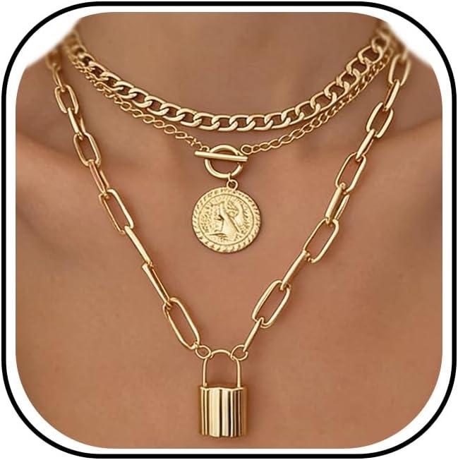 iF YOU Vintage Gold Layered Necklaces for Women Trendy, Chunky Cuban Link Paperclip Chains Necklace Stack, Coin Pendant Necklace Set Jewelry Gifts