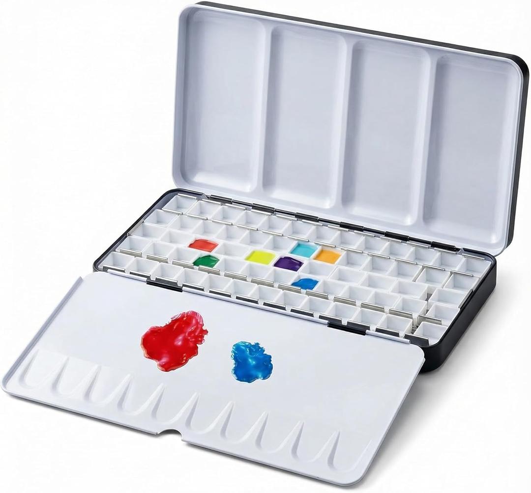 DUGATO Large Empty Watercolor Palette Tin with Lid - Holds 48 Half Pans (63 Included), 5 Fold-Out Mixing Areas - Metal Travel Box for Artists