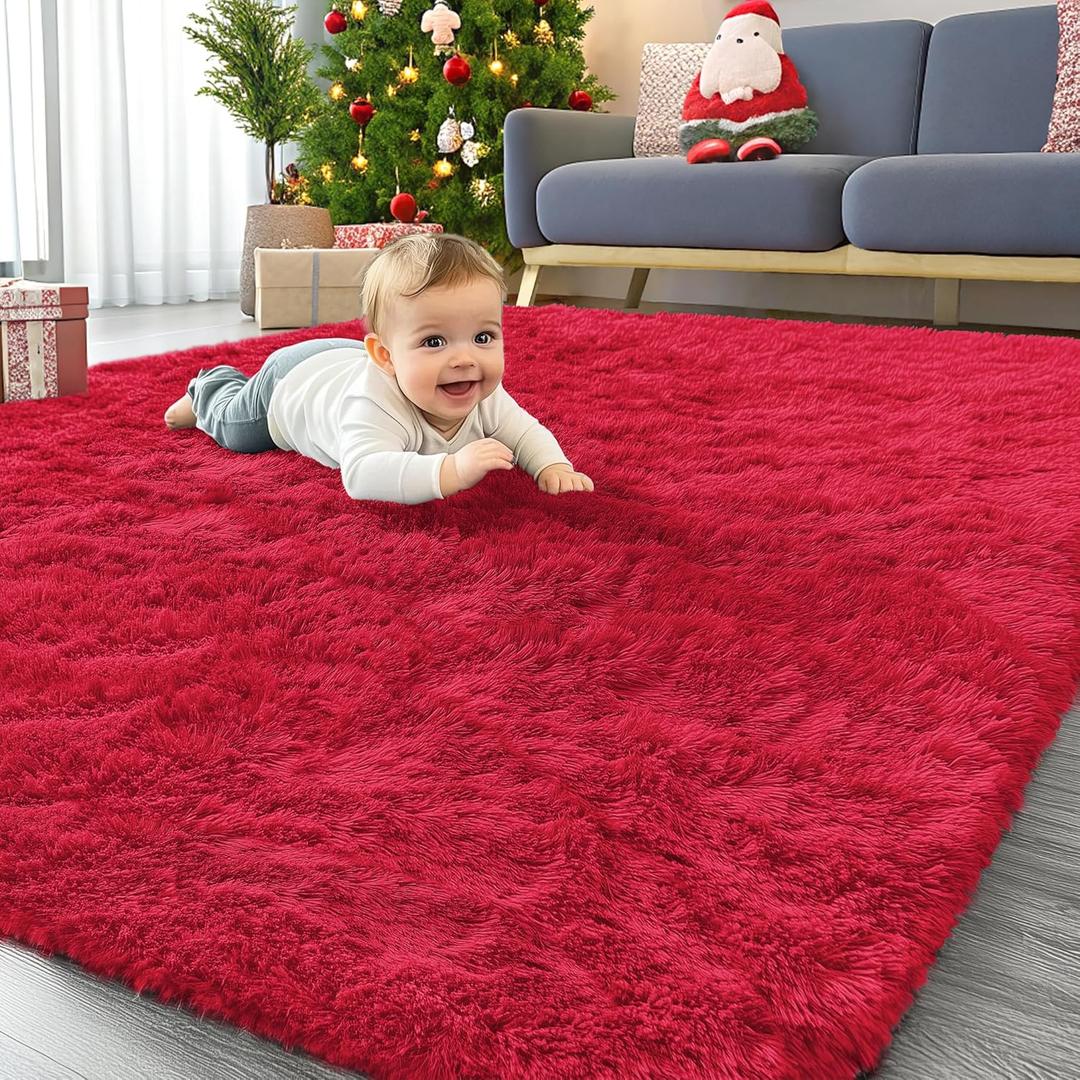 OLANLY Area Rugs for Living Room Bedroom, Machine Washable 4x5.9 ft Soft Fluffy Shaggy Bedside Rug, Indoor Floor Carpet for Kids Girls and Boys, Dorms, Nursery Rooms, Home Decor Aesthetic, Red