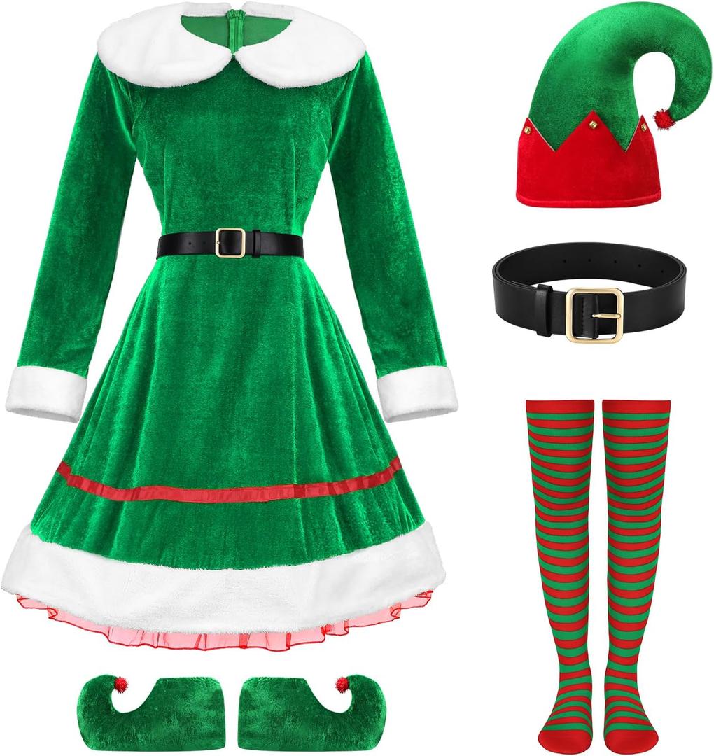 KASBAH 5 Pack Christmas Elf Costume Set Holiday Elf Cosplay Velvet Dress Xmas Outfit For Party With Hat Shoes Strap Socks (XX-Large, Green)