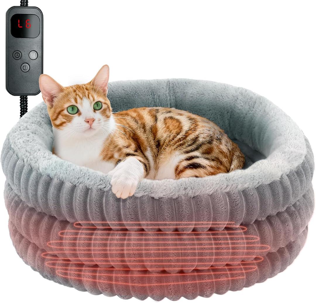 Heated Cat Bed Indoor, 20" Round Donut Deep Sleep Calming Heated Pet Beds for Cats and Small Dogs, Comfort Electric Thermal Cat Warming Bed with Adjustable Heating Pad, Washable and Indoor Use