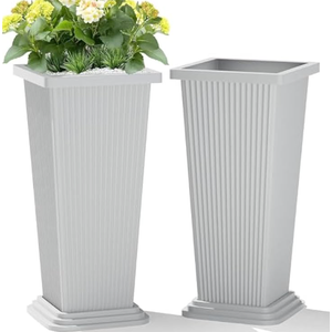Front Porch Planters Outdoor Set of 2, 24" Tall Plastic Planters for Outdoor Plants with Drainage, Extra Large Outdoor Planter Pots, Tapered Tall Planters for Front Door & Indoor Plants, White, Chipped Paint