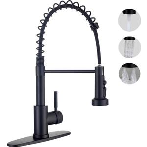 Kitchen Faucets with Pull Down Sprayer, Matte Black Stainless Steel Single Handle Pull Out Spring Sink Faucet, 3 Function Sprayer 1 or 3 Hole Deck Plate for Farmhouse Laundry Rv Bar