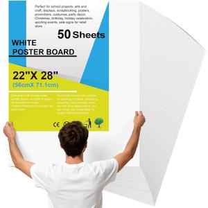 50Pcs 22" x 28" Poster Board White Poster Paper Bulk, ROOKEA 250 GSM Thickness Vision Boards Smart Poster Board for School Arts Craft Projects Presentations Drawing Scrapbooking Blank Graphic Display
