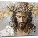 Large Jesus Portrait Canvas Wall Art Abstract Gold Thorns Jesus Painting Decor Pictures Beige Gray Christian God Posters Prints for Dining Living Prayer Room Kitchen Church Wall Bedroom Decoration (40"L x 20"W)