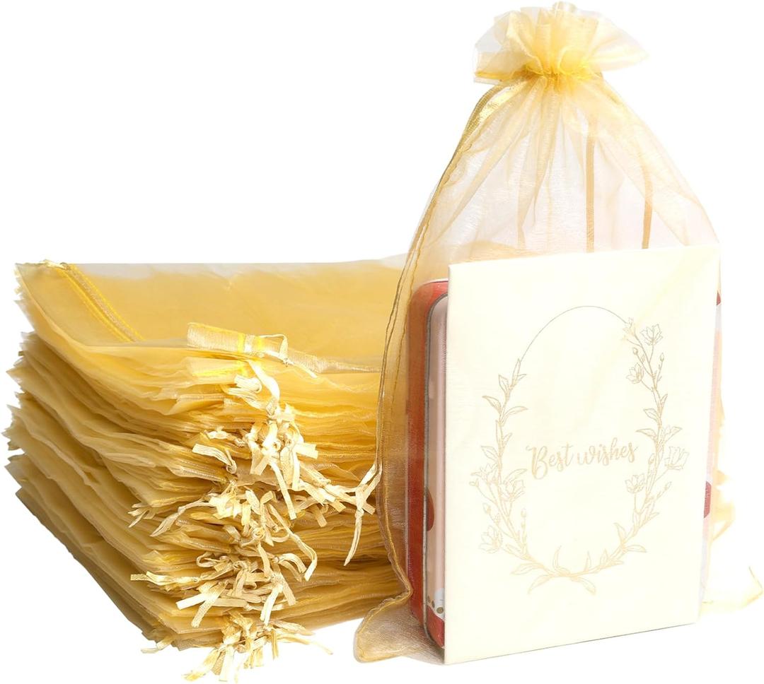Uigidori 100 Pcs Premium Organza Bags, 8 x 12 Inches Sheer Organza Gift Pouches with Drawstring, Large Mesh Favor Bags for Wedding Favors, Party, Jewelry, Christmas, Makeup Wrapping Supplies (Gold)