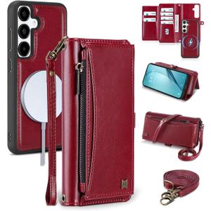 Wallet Case for Samsung Galaxy S24 with Card Holder/Crossbody Wallet/Strap| RFID Blocking | Magnetic | Kickstand | Detachable | PU Leather Phone Case for Galaxy S24,6.2 in,Wine Red