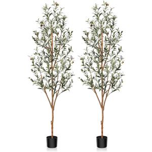 Kazeila Artificial Olive Tree 6FT Tall Faux Silk Plant for Home Office Decor Indoor Fake Potted Tree with Natural Wood Trunk and Lifelike Fruits, 2 Pack