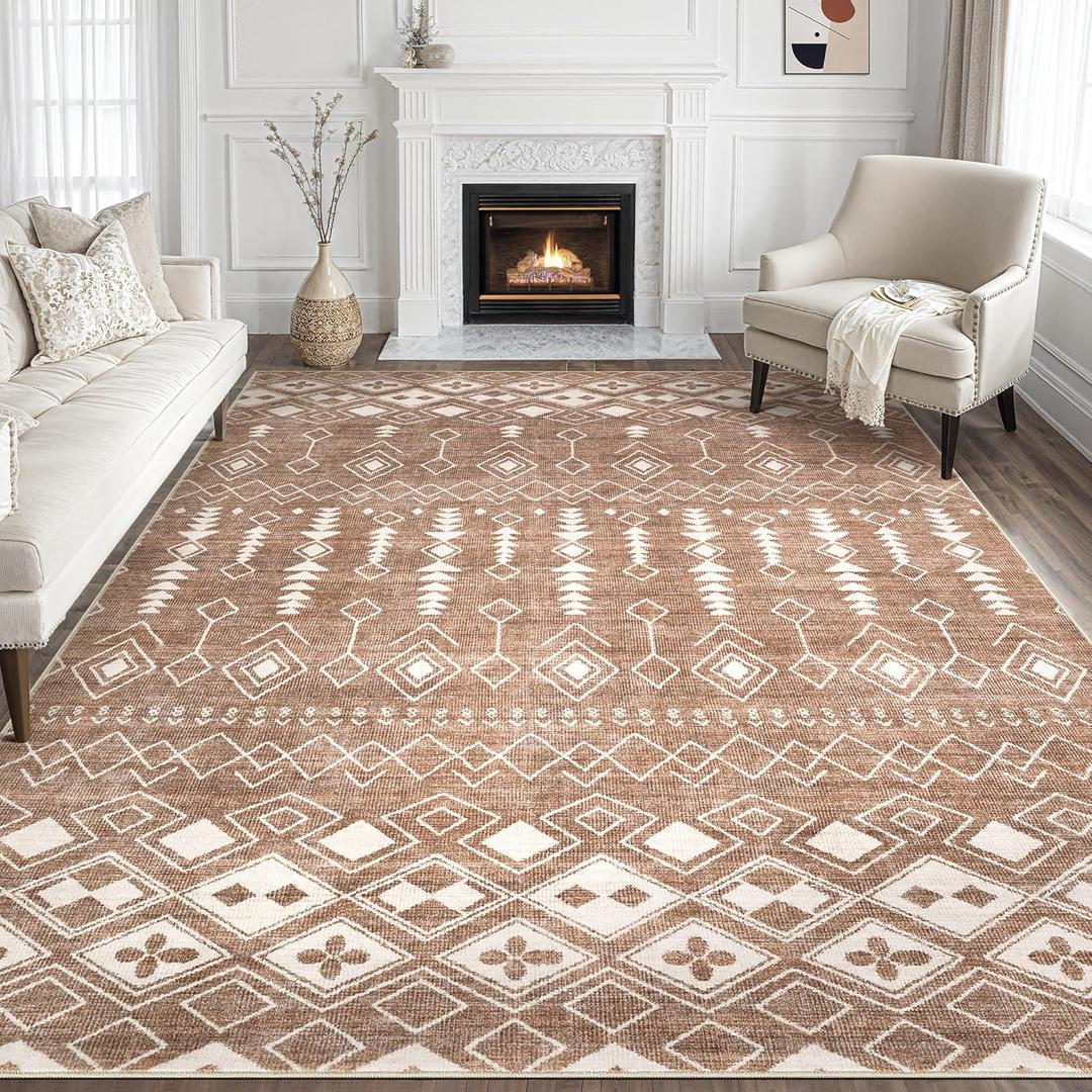 Tortania Area Rug Living Room Rugs - 8x10 Washable Large Soft Neutral Boho Moroccan Bohemian Farmhouse Rug Indoor Floor Carpet for Bedroom Under Dining Table Home Office Decor - Red Brown