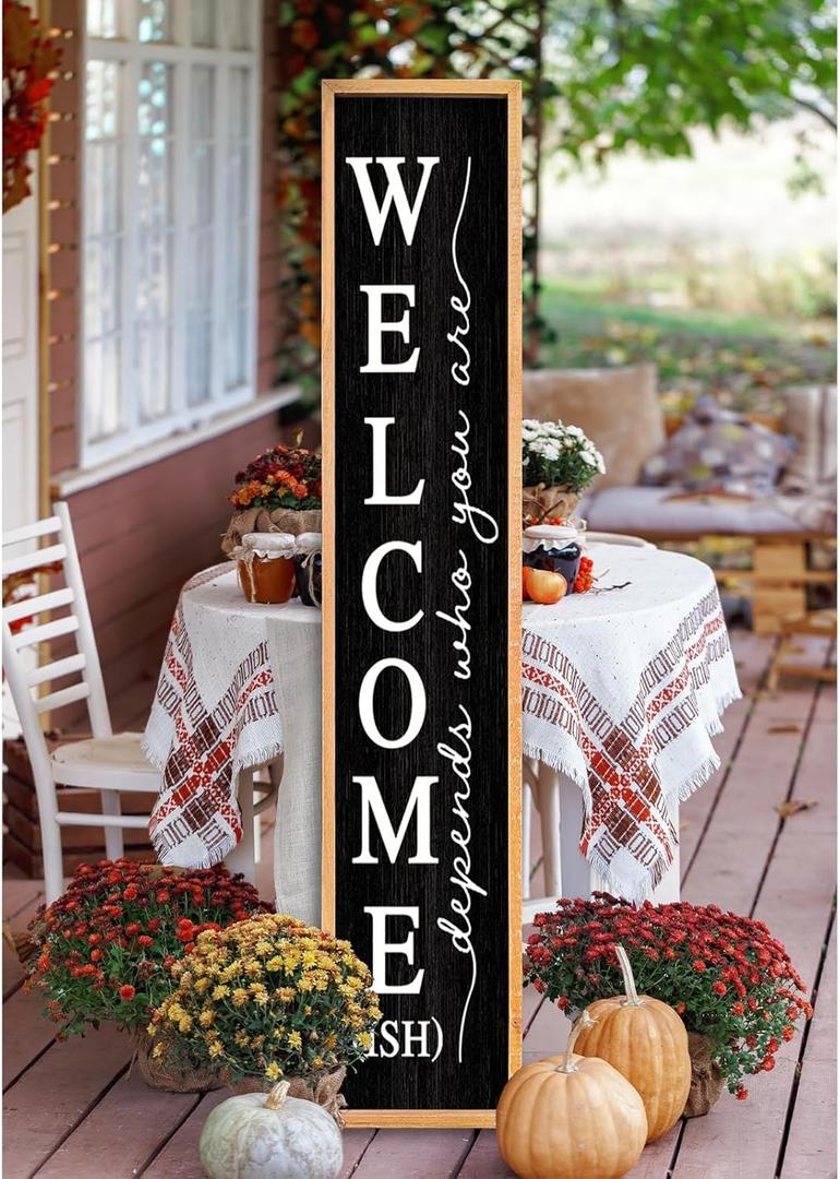 Welcome-ish Sign for Front Porch Standing 45"X9" Large Farmhouse Outdoor Wood Framed Home Vertical Tall Funny Large Welcome Sign For Rustic Modern Outside Front Door Wall Decor (Wood Black)