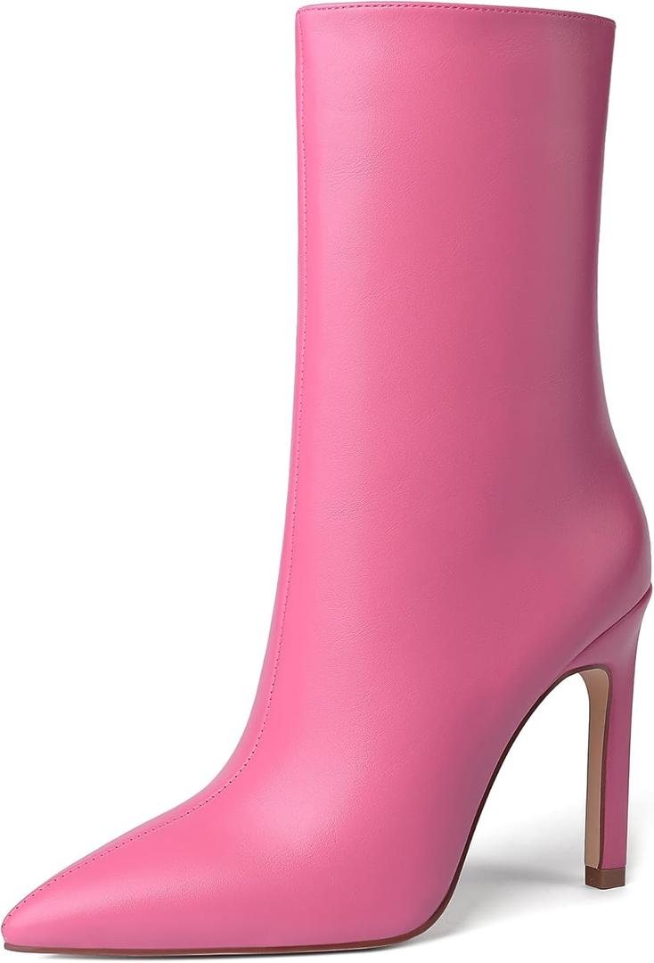 Reitoye Women's Pointed Toe Wide Calf Ankle Booties Stiletto Heel Mid Calf Short Boots (9.5, Pink)