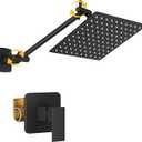 BESy All Metal Shower Faucet Set Bathroom Rain Shower System Shower Head and Handle Set Adjustable Extension Arm Rough-in Valve Showerhead Shower Fixture 8 Inch Square Wall Mounted SUS304 Matte Black