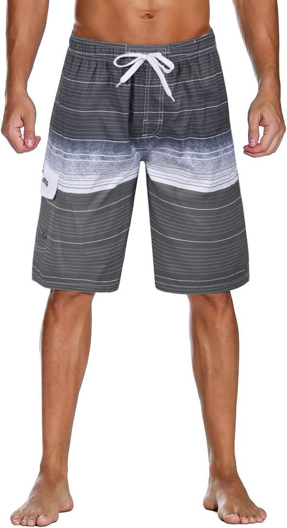 unitop Men's Swimming Trunks Quick Dry Summer Striped Beach Board Shorts with Lining (Gray)