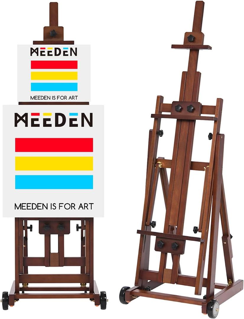 MEEDEN Studio H-Frame Easel -Adjustable Beech Wood Studio Art Easel, Painting Floor Easel Stand, Movable and Tilting Flat, Holds Canvas Art up to 77",Classic Walnut