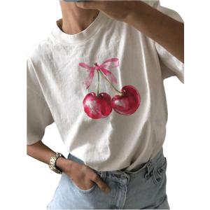 Women's Graphic Cherry Bow Tees Casual Letter Print Round Neck T Shirt Summer Short Sleeve Trendy Tops (White, L)