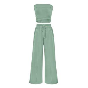 PRETTYGARDEN Womens Summer Outfits 2 Piece Sets Casual Ribbed Knit Crop Tube Top Wide Leg Pants Spring Matching Lounge Set(Fruit Green,Medium)
