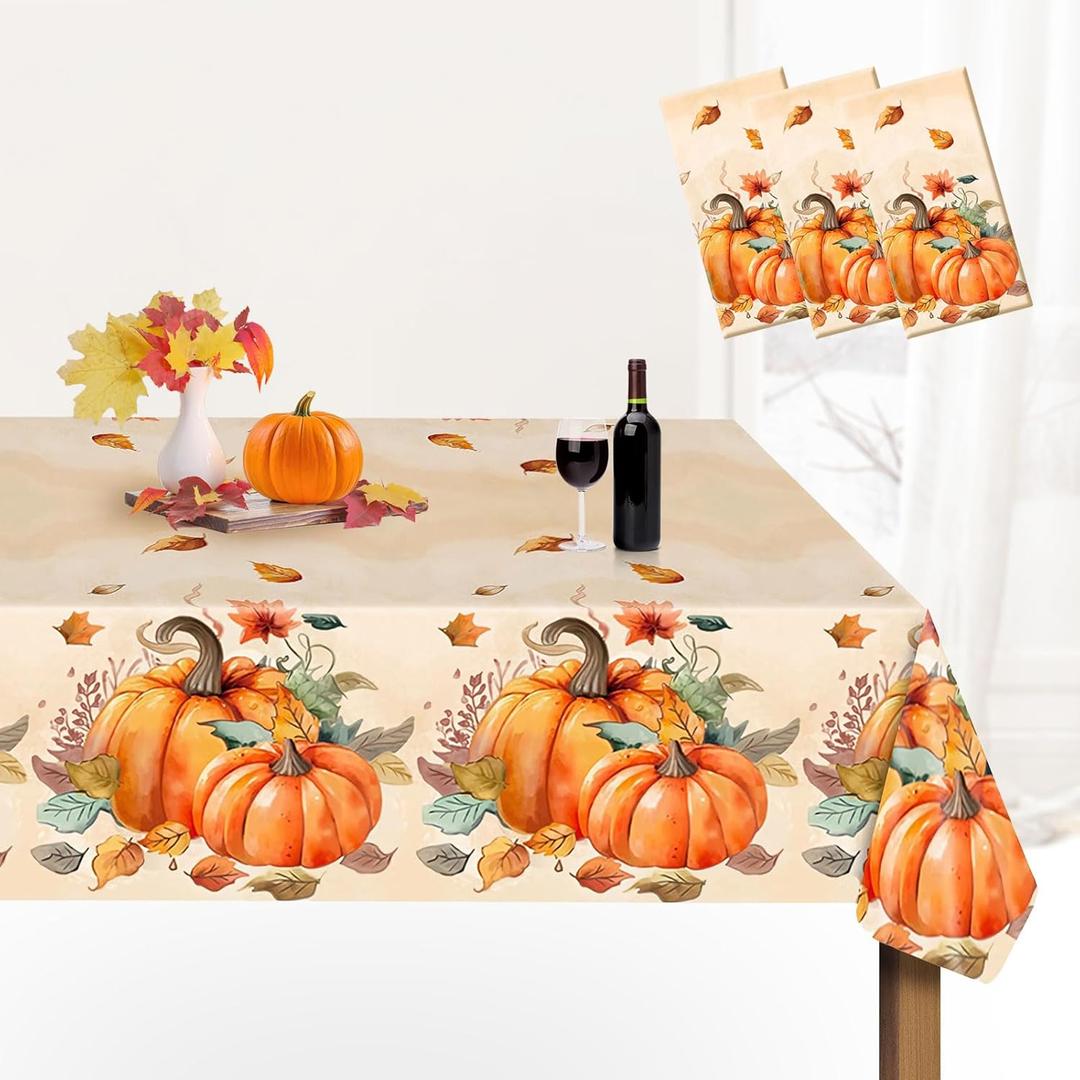 Thanksgiving Tablecloth Plastic Disposable - Fall Rectangular Paper Tables Cloth Cover for Rectangle Oblong Long Table Pumpkin Decor Waterproof 54x108 Inch (3 Pack)