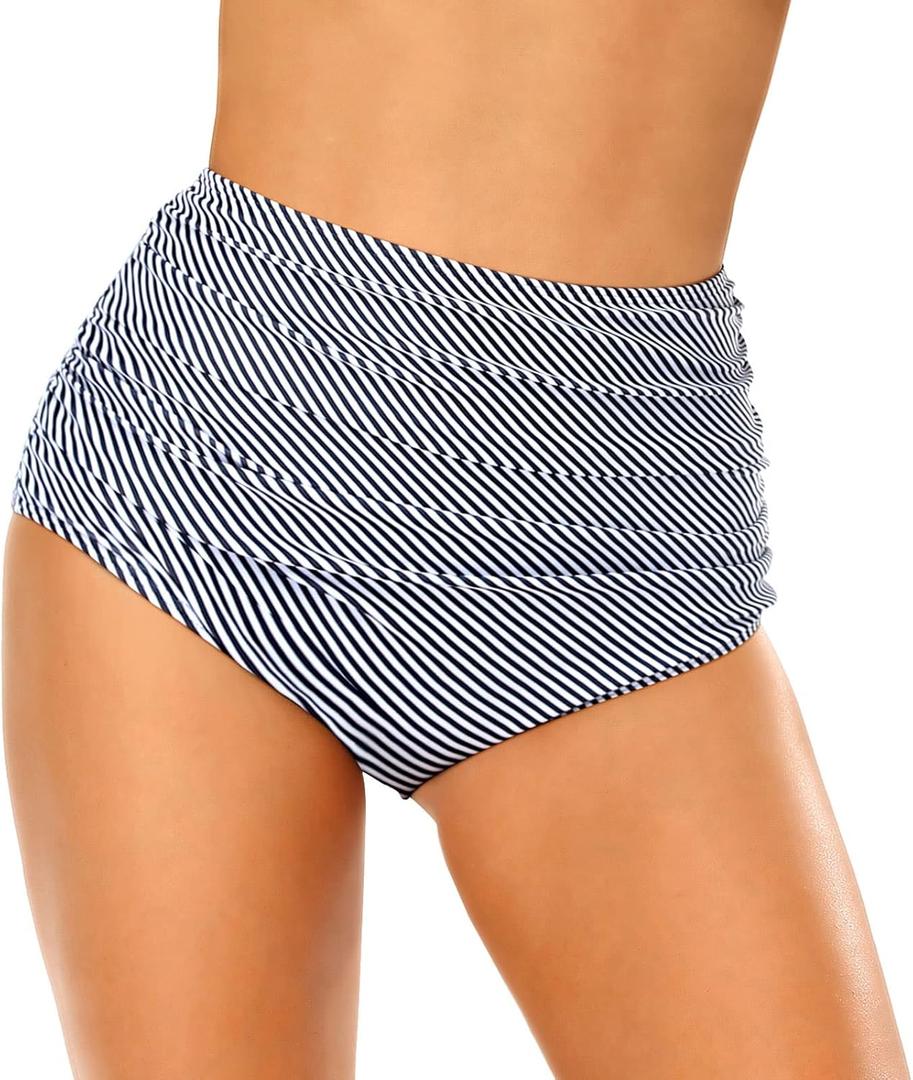 Edelqual Women's High Waisted Bikini Bottom Tummy Control Full Coverage Ruched Bathing Suit Swimsuit Tankini Swim Shorts (X-Large, Black White Stripes)