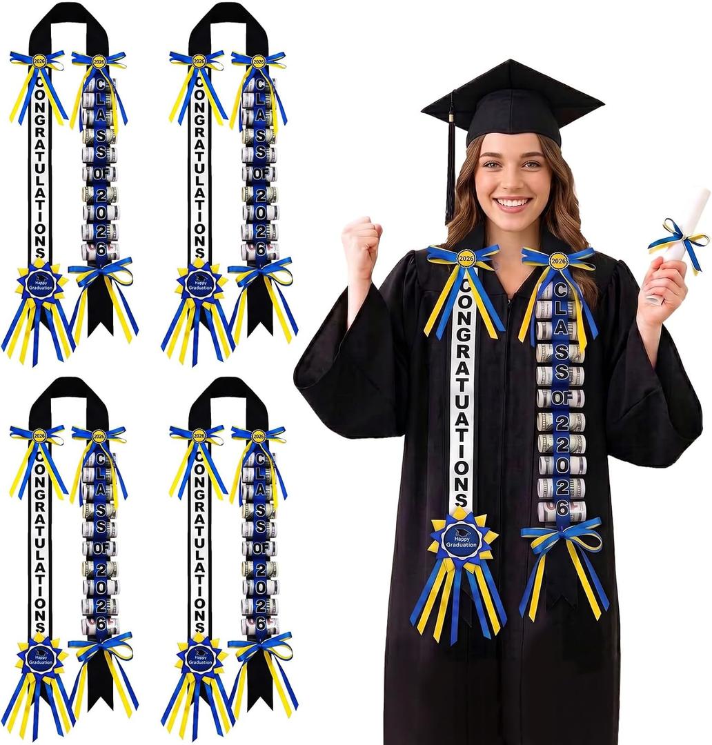4 Pcs Graduation Money Lei Class of 2026 Double Ribbon Braided Lei Gift Graduation Cash Gifts Pull Ideas for Senior High School College Party