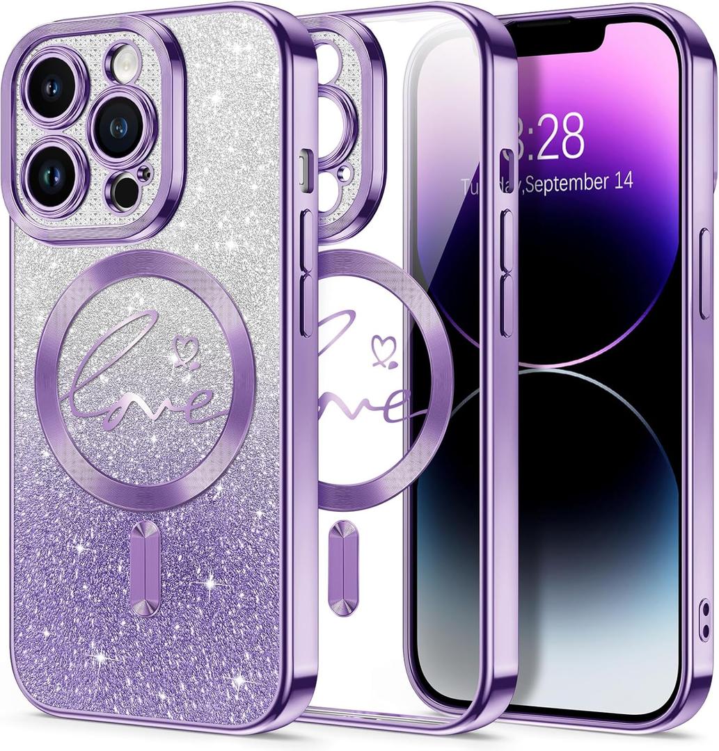 Hython for iPhone 14 Pro Case Glitter, Compatible with MagSafe Love Heart Magnetic Clear Phone Cases for Women Girls, Full Camera Protection Sparkle Plating Shockproof Protective Cover, Deep Purple