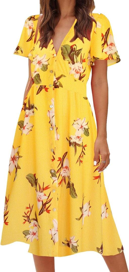 ROYLAMP Women's Floral Button Up Split Dress Deep V Short Bell Sleeve Casual Midi Dress with Pockets (Large)