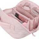 Travel Makeup Bag for Women, 2Pcs Large Capacity 180 Lay-Flat Toiletry Organizer with Brush Compartment, Waterproof Quilted Cosmetic Bag with Multiple Pockets for Travel, Vacation, Business Trip