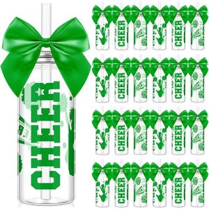 Cheerleader Gift Bulk for Team Cheer Cups 14 oz Bow Water Bottle Plastic Cheer Tumblers with Lid and Straw for Cheerleader Sport Party Favor Gift(Green,24 Pcs)