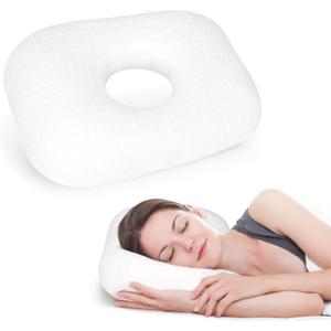 Ear Piercing Pillow for Side Sleepers, Ear Pillows with Holes for Pain, Earring Inflammation Pressure Sores, Cotton Earring Pillow for CNH Side Sleepers with Zipper (White)