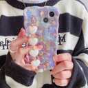 for iPhone 14 Pro Case, [Sparkling Purple Flower Oil Painting] [with Luxury Heart Bracelet] [Fashionable Wave Edge Shape] Soft TPU Drop and Shock Resistant for Women and Girls 6.1"