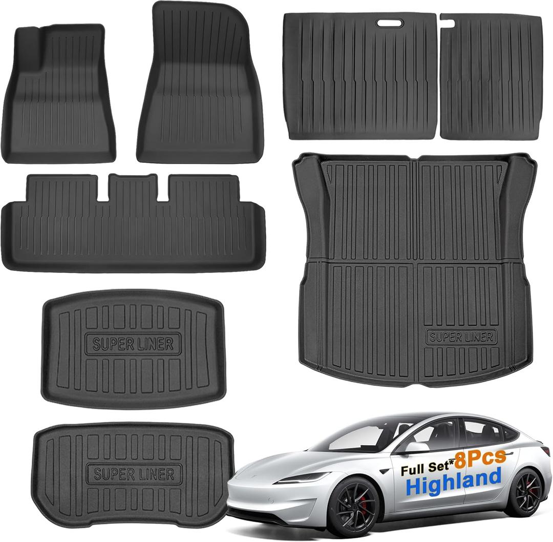 SUPER LINER Tesla Model 3 Floor Mats 2025 2026 2024 | Custom Fit All-Weather 8-Piece Set TPE Material | Tesla Model 3 Highland Floor Mats&Back Seat Protector&Cargo Liner, Trunk&Interior Accessories