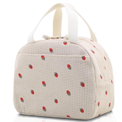 SNDEC Lunch Bag, Beige Corduroy with Strawberry Pattern, Insulated Thermal Tote, Portable and Reusable Cooler for School or Work, 8.5L