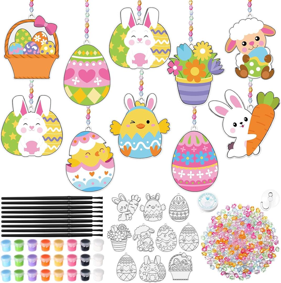 Dunzoom 30 Set Easter Craft Kit Suncatchers Kit Spring Easter Eggs DIY Suncatchers Craft Kit Make Your Own Suncatcher Paint Easter Bunny Sun Catcher Ornaments for Spring Art Craft Painting Activity