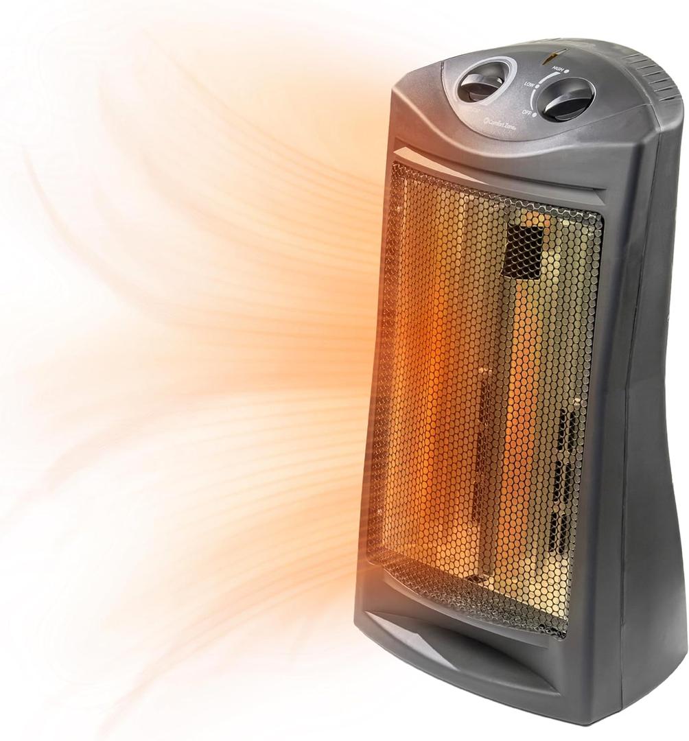 Comfort Zone Indoor Tower Space Heater, Adjustable Thermostat, Radiant Heat, Electric, Infrared Quartz, 2 Heat Settings, Overheat Protection, Ideal for Home, Bedroom, & Office, 1,500W, CZQTV007BK