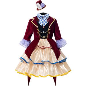 CR ROLECOS Mad Hatter Costume for Girls Kids Fairytale Tea Party Dress Outfit (Small, Wine Red)