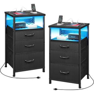 Nightstand with Charging Station Set of 2, LED Night Stand with 3 Fabric Drawers, Side Table with Open Shelf, End Table with Steel Frame, 3 Drawer Dresser for Bedroom, Black