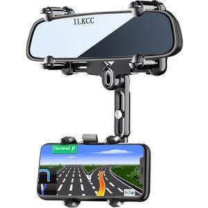 ILKCC Rearview Mirror Phone Holder for Car, 360° Rotating and Retractable Multifunctional Rear View Phone Mount, Upgraded Four Corners Fixed AntiShake Fit All Smartphones & Bigger Vehicle