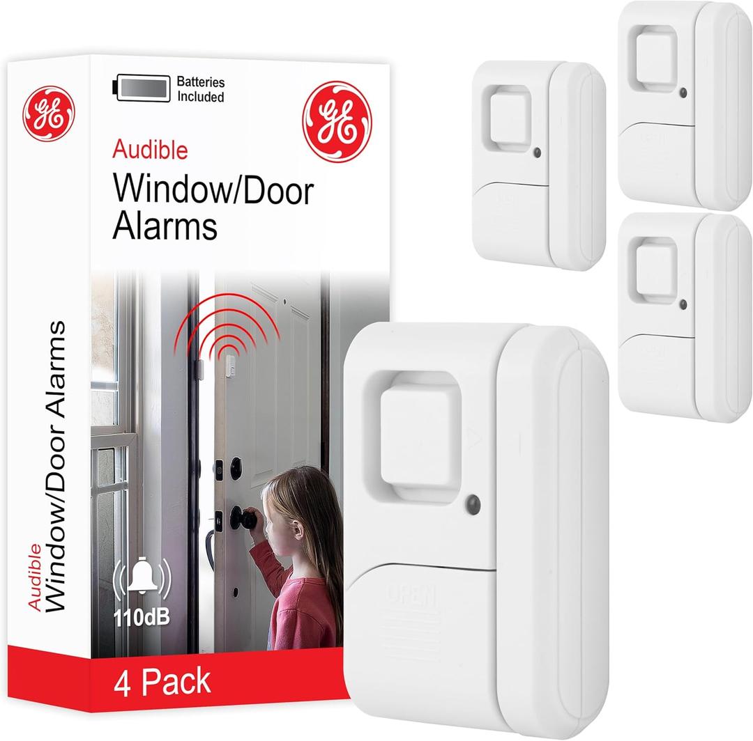 GE Personal Security Window and Door Alarm, 4 Pack, DIY Protection, Burglar Alert, Wireless Chime/Alarm, Easy Installation, Home Security, Ideal for Home, Garage, Apartment and More, White, 45174