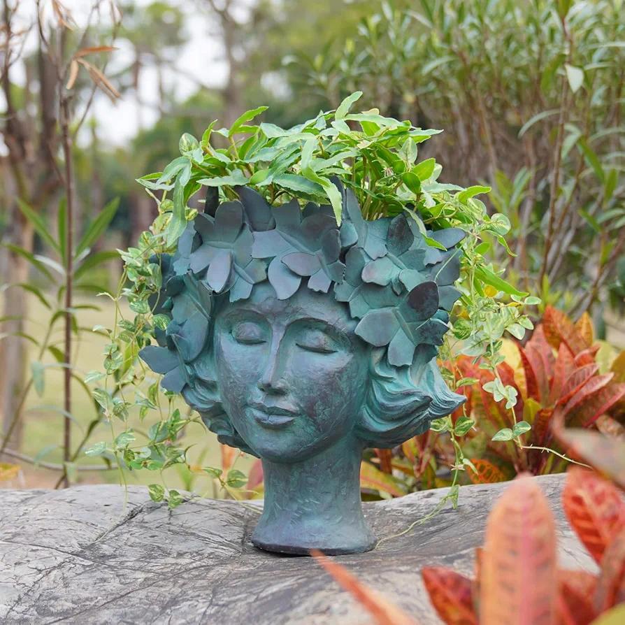 Face-Planter Succulent Head-Planter Flower Pot - Garden Plant Pot with Drainage Hole for Indoor Outdoor Plant Resin Lady Head Statue with Butterfly Farmhouse Decor 13*10.75*14.25in Newman House Studio
