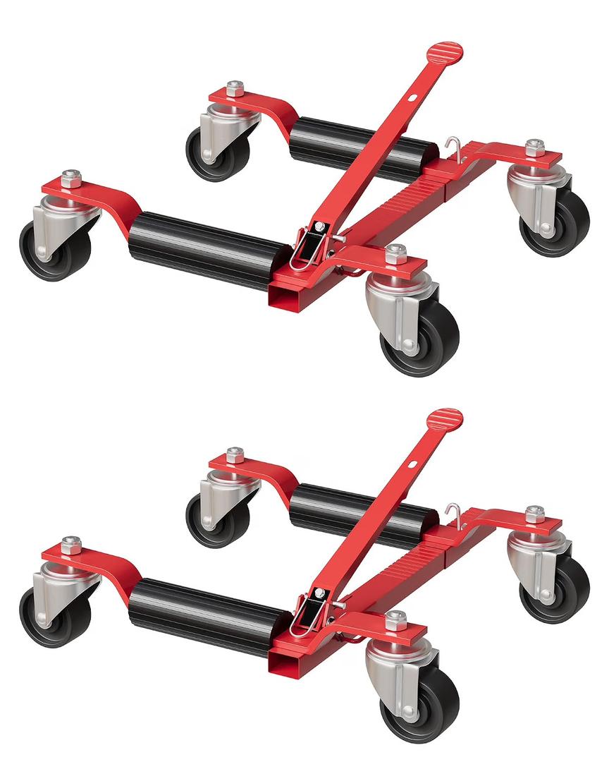 Car Wheel Dolly Jack Set of 2, Heavy Duty 3000 LBS Capacity Mechanical Wheel Dolly with Ratcheting Foot Pedal, Vehicle Positioning Jack for Tire Auto Repair Moving, Red
