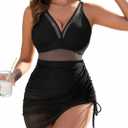Women's One Piece Swim Dress Tummy Control Swimsuits Slimming Mesh Sheer Sarong Wrap Skirt Bathing Suit (Large, Black)