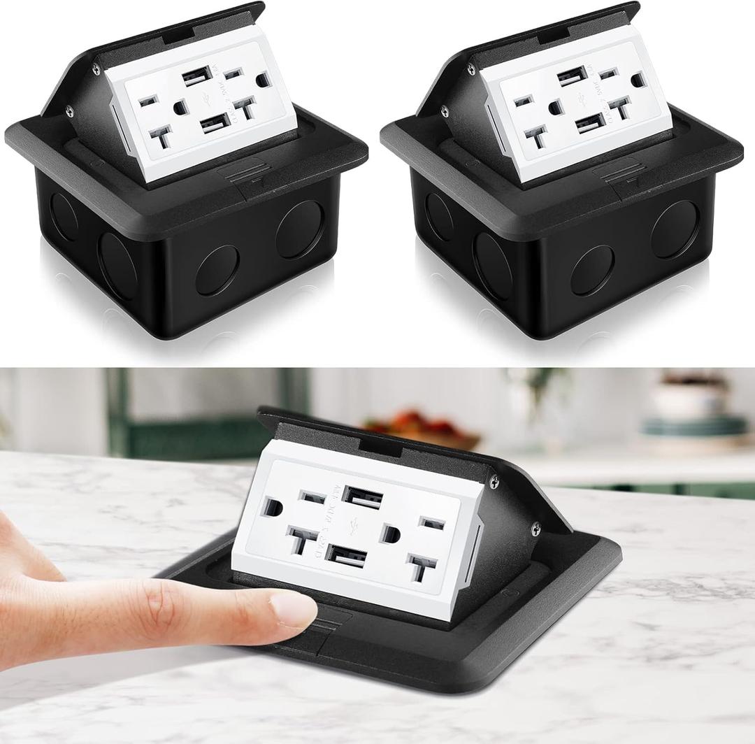 Hoolerry 2 Pack Pop up Floor Electrical Outlet Cover Box Kit with 4.8A USB Charger 20Amp Waterproof Weatherproof Floor Tamper Resistant Outlet Receptacle for Countertop Home (Black)
