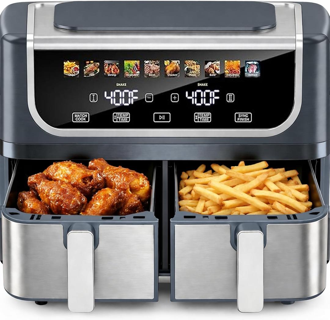 Simple Deluxe 9.5-Qt Dual Basket Air Fryer, 10-in-1 Digital Preset 1700W Airfryer, Sync Cook, Independent Temp Control, Shake Reminder, Nonstick Basket, Grey 