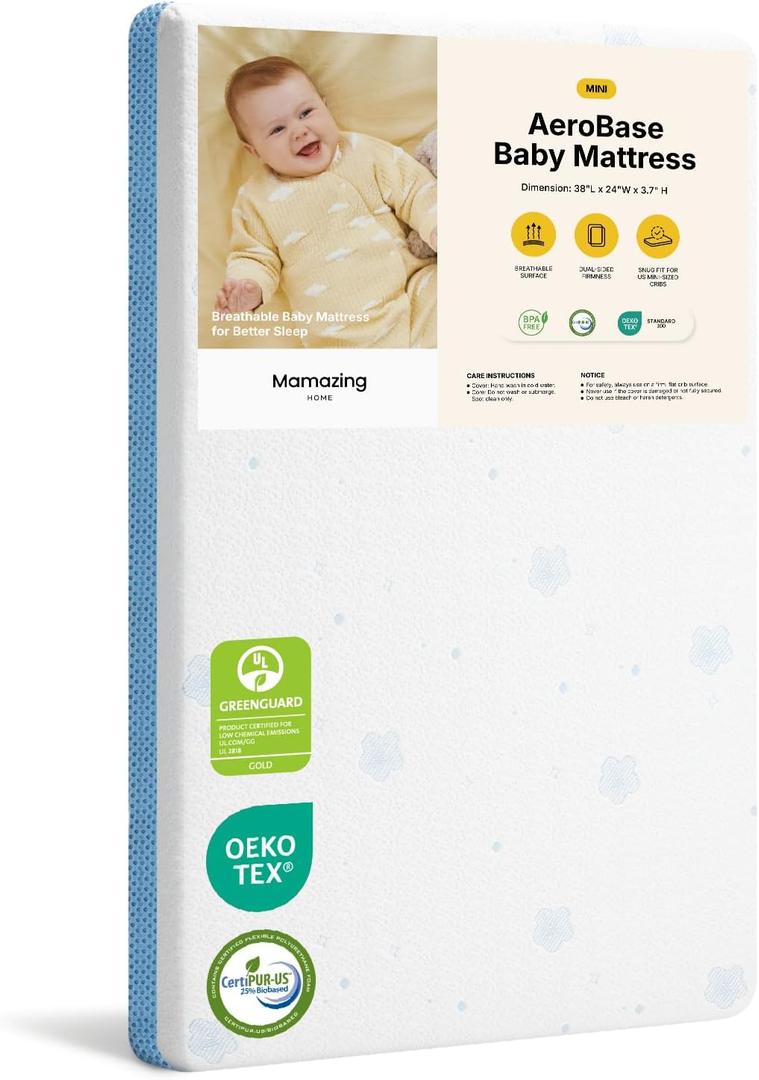 MAMAZING Aerobase Mini Crib Mattress 38" L x 24" W, 2-Stage Breathable Mattress, Non-Toxic, Waterproof Liner, Machine-Washable Outer Cover for Easy Care, Fits Mini Size & Portable Crib