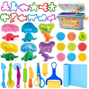 VConejo Dough Tools Play Sets for Kids, 37pcs Clay and Dough Accessories with Storage Container, Mat, Cutters, Rolling Pins, Safety Scissors, Stamps, Animal and 3D Dino Makers for Boys Girls
