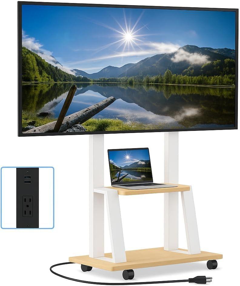Rolling TV Stand for 32-80 Inch TVs, Mobile TV Cart with Power Outlet, Outdoor TV Stand with Wheels, Portable tv Stands for LCD OLED 4K Flat/Curved Panels Max VESA 600x400mm (Maple)