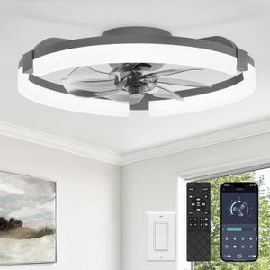 LEDIARY 20" Ceiling Fans with Lights and Remote, Modern Low Profile Ceiling Fan, 3 CCT, Stepless Dimmable, Fandelier Flush Mount Fan Light, 6 Speeds, DC Motor, App & Remote Control for Bedroom(Gray)
