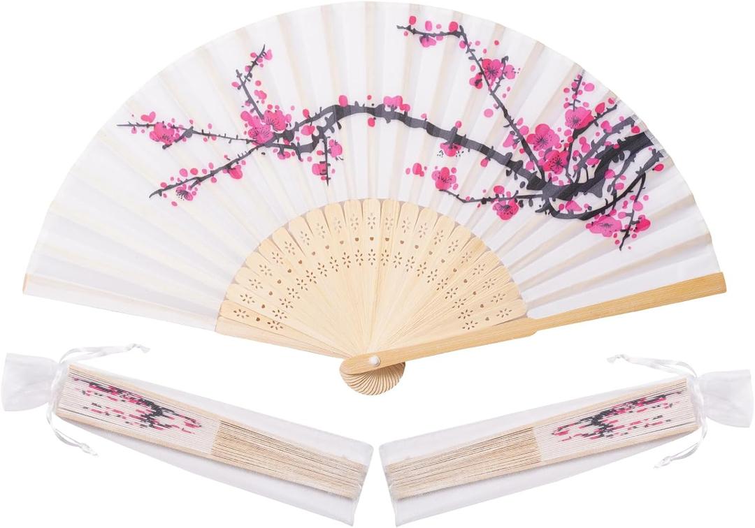 Sepwedd 50pcs Plum Blossom Design Imitated Silk Fabric Fan Bamboo Folded Hand Fan Bridal Dancing Props Church Wedding party favors with Organza Bags